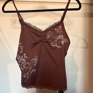 Chic Brown Tank Top with Lace and Floral Design